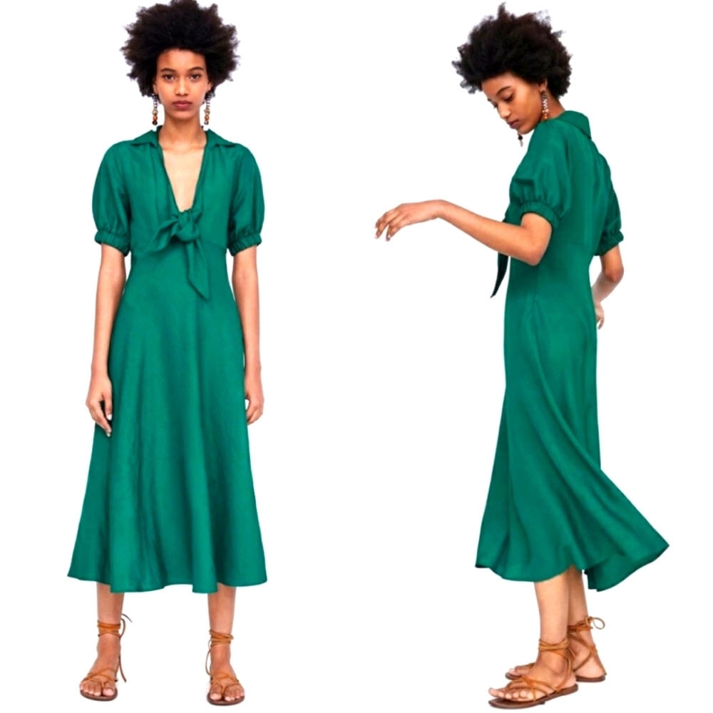 Zara Green Tie Front V Neck Midi Dress‎
